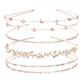 Jaciya Rose Gold Bridal Headband 4 Pieces Rhinestone Headbands AB Crystal Flower Girl Leaves Crown Head Band Tiara Wedding Hair Accessories