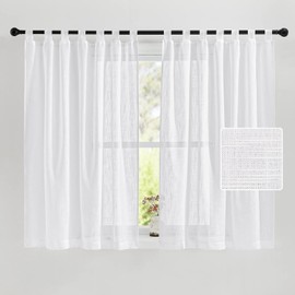PONY DANCE Set of 2, Tab Top Curtains, Short - Voile Curtains, White, Semi-Transparent Curtain, Linen Look, Tab Top Curtain for Kitchen, Breathable & Translucent Curtains, H 145 x W 140 cm