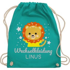 Geschenk mit Namen personalisiert by Shirtracer - Gym Bag Backpack – Nursery Bag Change Items Boys – Changing Clothes Lion, 02 Turquoise
