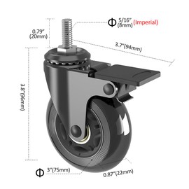 MALLLALA Set of 4 Caster Wheels(2 with Brake,2 no Brake),Heavy Duty 5/16"-18UNC Threaded Stem Casters,Mute Rubber Swivel Wheels with Brake,Industrial/Furniture Wheels,150lbs Load Capacity Per Castor