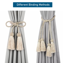 Porlau Elegant Curtain Tiebacks Rope Decorative Curtain Tie Backs for Drapes Hand Woven Window Treatment Holdbacks with Tassel, Beige 2pack