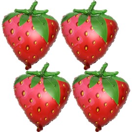 Giant 4 Pcs Strawberry Balloons, 24 Inch Mylar Foil Cute Balloons for Fruit Themed Birthday Party Decorations