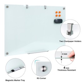 Glass Dry Erase Board, 36 x 24 Inches Magnetic Glass Whiteboard for Wall, 3' x 2' Frameless Board for Office, Home, School