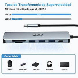 atolla USB C HUB, 7 en 1 Adaptador USB C a HDMI 4K, 100W PD Carga, 3 x USB 3.0, Lector de Tarjetas SD/Micro SD, Compatible con MacBook Pro (Thunderbol