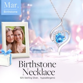 Iefil March Birthstone Necklace for Women - Blue Aquamarine Necklace Love Heart Birthstone Jewelry Anniversary Birthday Gift Birthday Gift for Her Mom Wife Daughter