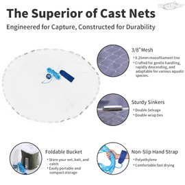Yeahmart American Saltwater Fishing Cast Net for Bait Trap Fish 6ft Radius Casting Nets with Heavy Duty Real Zinc Sinker Weights, Fishing Bucket and Accessories, 3/8inch Mesh Size