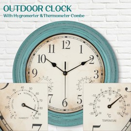 LENAUQ Outdoor Garden Wall Clock, Waterproof Vintage Wall Clock with Thermometer And Humidity, 12 Inch/30cm Non-Ticking Weatherproof Hanging Clock for Patio, Pool, Porch, Garden, Bathroom, Turquoise