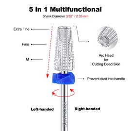 Xinshare 5 in 1 Nail Drill Bits Carbide Multi-function Cuticle Nail Bit 3/32", 2 Way Rotate Efile Bits, Fast Remove Acrylic Hard Nail Gel for Both Left and Right Handed, Manicure Pedicure, Medium (M)