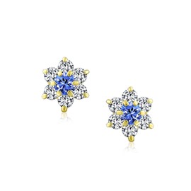 Tiny Royal Blue CZ Flower Stud Earrings For Women For Teen Cubic Zirconia Simulated Sapphire 14K Real Gold Screw back
