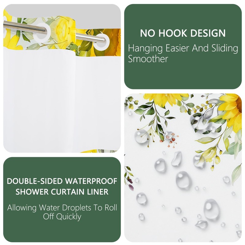 NAEMBCU No Hook Sunflower Shower Curtain with Snap in Liner