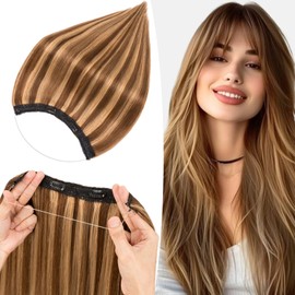 S-noilite Invisible Hair Extensions Human Hair Medium Brown/Dark Blonde Wire Extensions Real Hair One Piece Fish Line 12 Inch 55g