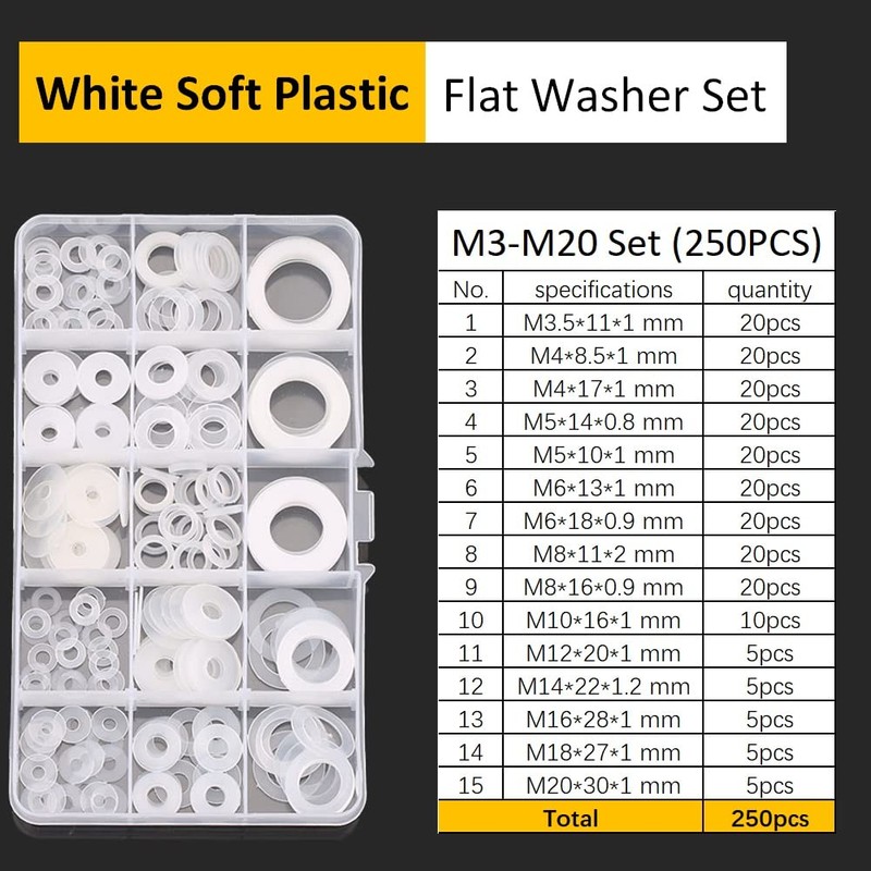 FEEIFOL Pack of 250 Nylon Washers Set Plastic Washers Flat