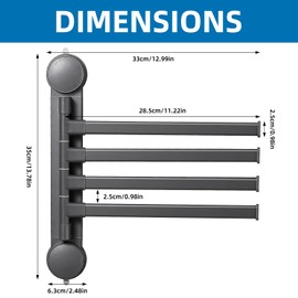 4-Arm Swivel Towel Rack, Zynuhmo 4 Tiers Adjustable Suction Cup Towel Bar, Space Saving Wall Mounted Towel Holder, 4 Arms Rustproof Swing Out Towel Hanging for Bathroom Kitchen(13.78 Inch, Gray)