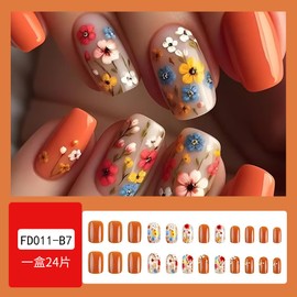 Flower Press on Nails Medium Square Fake Nails with Floral Design Orange Glue on Nails Spring Nails Press on Floral False Nails Glossy Reusable Summer Nails for Women Girls Manicure 24pcs