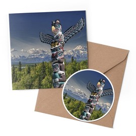 1 x Greeting Card & 10 cm Round Sticker Set - Totem Pole Alaska USA America - Birthday Thank You Friend Lover Fan Mum Dad Kids #53492