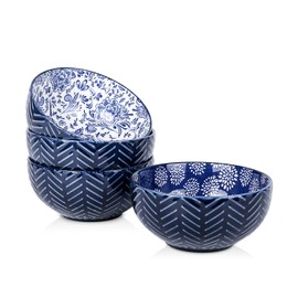 Selamica Ceramic Cereal Bowls Set 25 OZ, Embossed Soup Bowls, Dessert Bowls 5.9 Inch Ceramic Kitchen Bowls for Ramen Oatmeal Fruits, Microwave Dishwasher Safe, Set of 4, Blue
