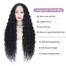 FANCEE Black Long Kinky Curly Wig 13x4x1 T Lace Middle Part Deep Curly Glueless Wig for Black Women