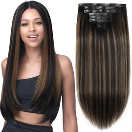 Caliee Seamless Yaki Straight Clip in Hair Extensions Human Hair 22 Inch Natural Black Mixed Chestnut Brown Seamless Yaki Straight Clip ins for Women Invisible PU Weft 115G 8 PCS Soft