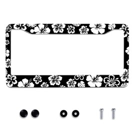 White Hibiscus Hawaii Flowers License Plate Frames Floral Round Hole Personalise License Plate Frame Car Universal Accessories Stainless steel Cars Decor Fits Standard US Vehicles Size 12.2 x 6 Inches