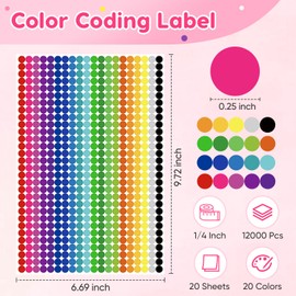 12000 PCS 1/4" Small Round Color Coding Dot Stickers - 20 Neon Colors, Removable No Residue, Write-On Tiny Labels for Office, Classroom, Home Organization & Crafts