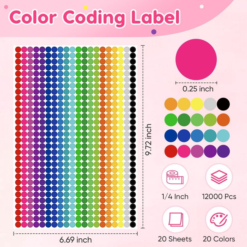 12000 PCS 1/4" Small Round Color Coding Dot Stickers -