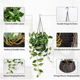 Oairse Artificial Hanging Plants Fake Hanging Plants with Pots Faux Golden Pothos N‘ Joy Potted Plants Hanging Wall Plants with Basket Pot for Wall Shelves Bedroom Bathroom Indoor Outdoor