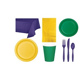 Mardi Gras Party Decorations, Bundle of Purple, Green and Golden Yellow Party Tableware Supplies for 24 People, Box of 197 Total Pieces