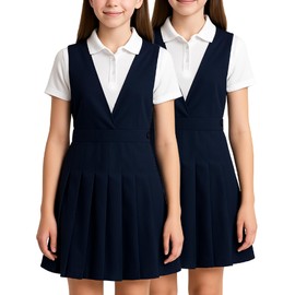 dELiA*s Girls School Uniforms - 2 Pack Pleated Twill Jumper with Double Buckle, Short Sleeve Uniform Dresses for Girls (4-16), Size 12, Navy V-Neck