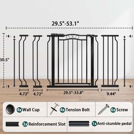 Fairy Baby 29.5"-53.1" Extra Wide Baby Gate for Doorways, Stairs Gate for Kids Toddler, Pressure Mounted Safety Child Gate Pet Barrier Fence Indoor, Walk Thru Auto Close Metal Dog Garden Gate, Black