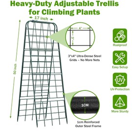 Heavy Duty 50"x17" Adjustable A-Frame Trellis for Climbing Plants – Rust-Proof Metal Garden Trellis with Dense Grid Design, Perfect for Raised Beds, Tomatoes, Cucumbers & Outdoor Vines (Green, 2 Pcs)
