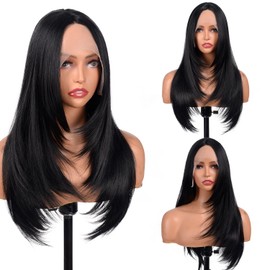 Synthetic Lace Front Wig 26 Inches Long Black Wig for Women Straight Layered Wig 13x4x1 HD Lace Pre Plucked Hairline Middle Part Synthetic Black Wigs for Daily Party Use(#1B Natural Black, 26 Inch)
