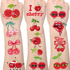 Lovarywow Cherry Temporary Tattoos Stickers - 200+ Cherry Birthday Decorations Cute Red Cherries Fake Tattoo Gifts for Kids Girls Funny Fruit Themed Party Favors Supplies Women Men Prizes Rewards