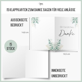 15 Thank You Cards with Envelopes for Wedding, Registry Office, Birthday, Baby, Communion, Youth Initiation, Christening, Thank You Card, Folding Card, DIN A6 (Eucalyptus)