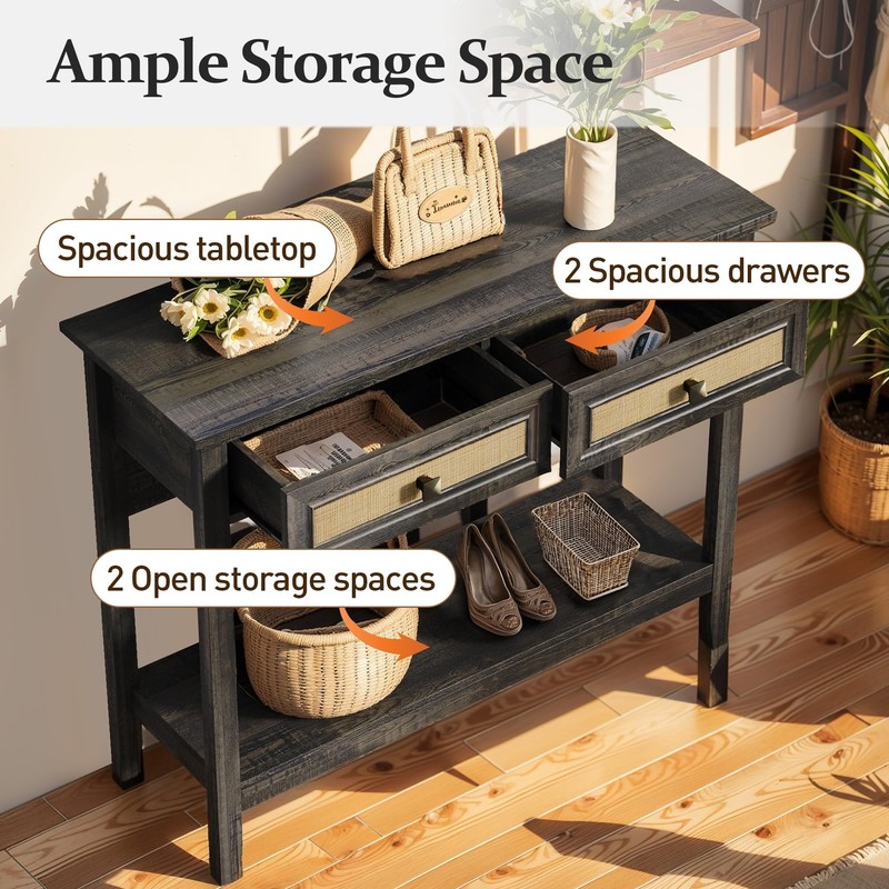 RoyalCraft Console Table with Storage and Rattan Drawers, Boho Entryway