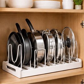 Expandable Pot and Pan Organizer Rack for Kitchen Cabinets – 7 Adjustable Compartments for Pots, Lids and Cookware