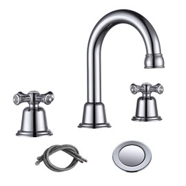 RKF Bathroom Faucets for Sink 3 Hole Chrome Polished 8 inch Widespread Bathroom Sink Faucet with Drain 2 Handles Cross Knobs Faucet Bathroom Vanity Faucet Basin Mixer Tap Faucet CWF039-CP
