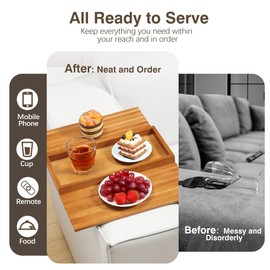 Kssiaz Couch Arm Tray, Bamboo Sofa Tray Table for Couch, Sofa Armrest Table, Anti-Slip Armrest Organizer, Foldable Couch Cup Holder for Snacks, Phone, Control, Cups, Light Brown