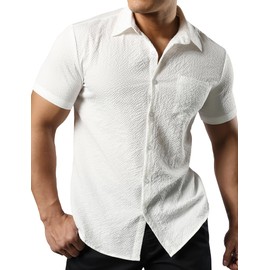 JOGAL Men's Casual Button Down Muscle Fit Shirts Short Sleeve Solid Lightweight Shirts Textured Summer Beach Wedding Shirts White Large