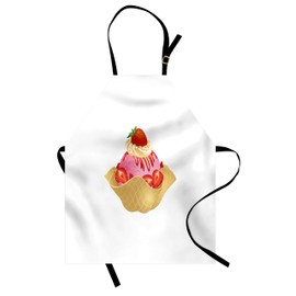 Lunarable Ice Cream Apron, Wavy Waffle Cone Chuck Full of Tasty Pink Topping Strawberries Cream and Sauce, Unisex Kitchen Bib with Adjustable Neck for Cooking Gardening, Adult Size, Cream Pink