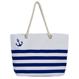 Leisureland Waterproof Canvas Rope Handle Beach Tote Bag (Anchor Royal Blue Stripe)