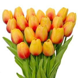 IPLNTS 20PCS All Saints' Day Orange Artificial Flower Tulips PU Real Touch Tulips for Home Wedding Decoration Brides Hand Holding Bouquet Artificial Flower Decoration