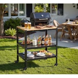 Outdoor Grill Cart Table, Pizza Oven Table with Hooks and Side Handle, Double-Shelf Dining Cart Table, Movable Stainless Steel Kitchen Cooking Prep Table BBQ Cart for Home Party, Bar, Camping