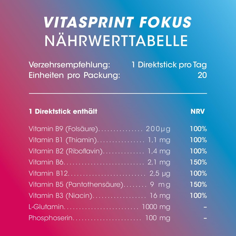 Vitasprint Focus Direct Sticks, Pack of 20 - With Vitamin