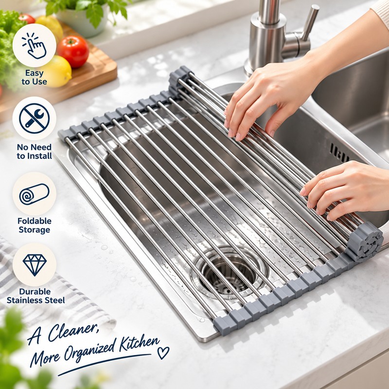 Roll-Up Stainless Steel Sink Drying Rack for Kitchen Counter Space