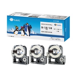 G & G SS9K, SS12K, SS18K, 3-piece Set, King Jim Compatible Tape, Tepra PRO Tape, Black Characters on White, Width 0.4 inch (9 mm), 0.5 inch (12 mm), 0.7 inch (18 mm), Length 3.2 ft (8 m), Tepra 0.5 inch (9 mm), Tepra 0.5 inch (12 mm), Tepra 0.7 inch (18 mm), Tepra Tape