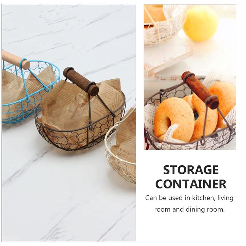 Angoily Pack of 3 Wire Egg Basket with Wooden Handle