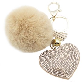 Xsclpomddy Pom Pom Keychain Fluffy Ball Tassels Tote Pendant with Heart Crystal Rhinestone for Car Phone Key Ring Bag Charm,light brown