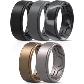 ThunderFit Silicone Rings for Men, Breathable Patterned Design Sleek Step Edge 8mm Wide 2.2mm Thick - 1/2/3/4/5/6/7 Variety Multipack (Gunmetal, Grey Camo, Black, Grey, Bronze, 8.5-9 (18.9mm))