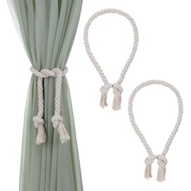 2 Pcs Curtain Tie Backs No Drilling, Boho Curtain Tiebacks Rope for Black Blue Light Color Curtains, Curtain Holders for Living Room Bedroom Outdoor Yard Garden Drapery (Beige, Hand Woven)