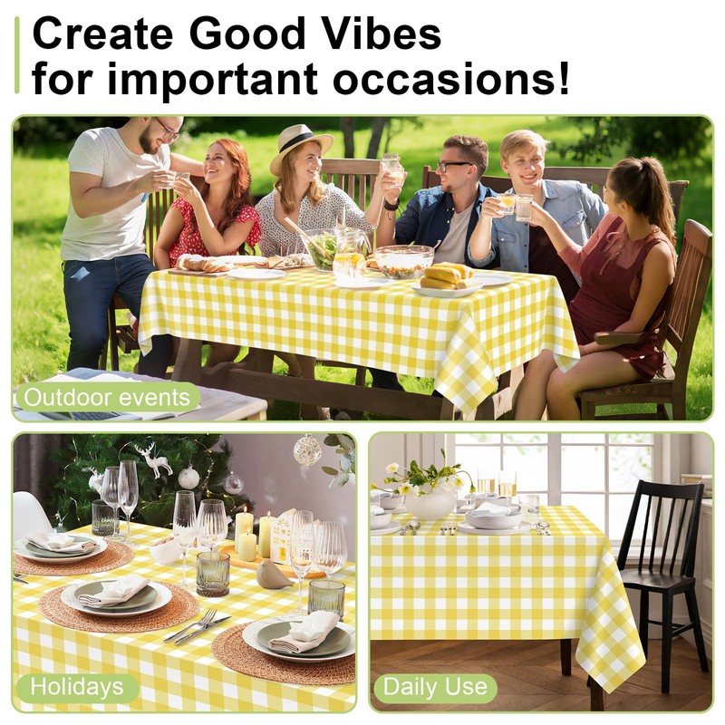 QIKSION Yellow Gingham Tablecloth Disposable 6 Pack, 54 x 108